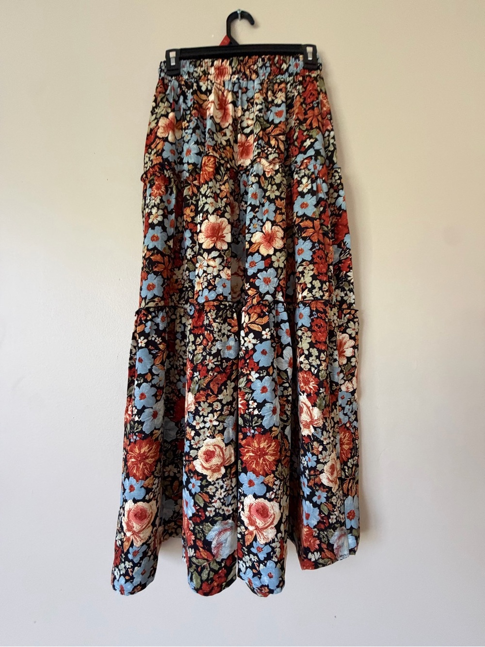 Floral Tiered Maxi Skirt - Black with Blue & Rust Floral